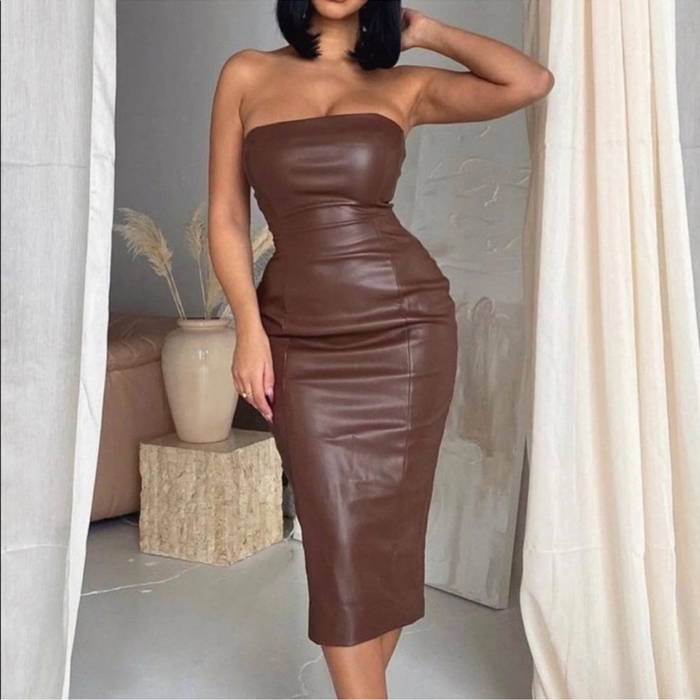 Meshki Pamela faux leather strapless midi dress
